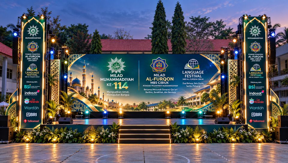 Ilustrasi panggung dengan panel logo sponsor di kiri dan kanan