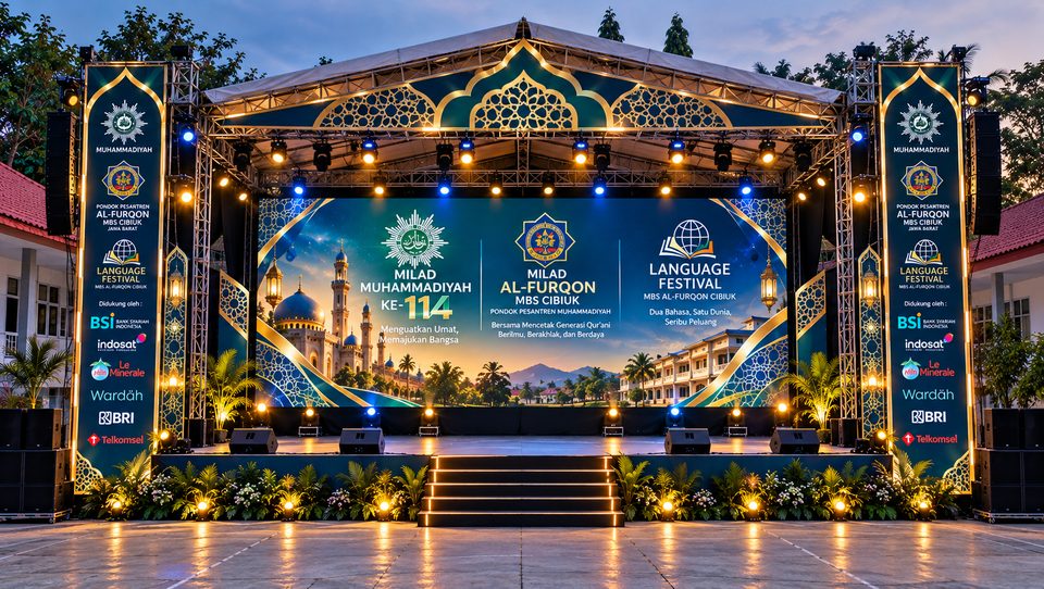 Konsep panggung beratap dengan ornamen islami, videotron, dan dua panel sponsor